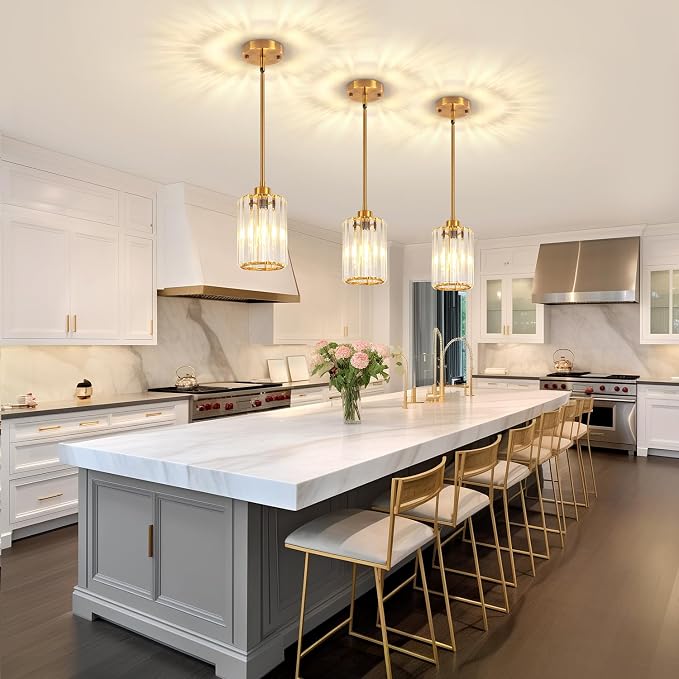 3 Pack Brushed Gold Pendant Lights Kitchen Island Crystal Mini Chandelier | Modern Kitchen Light Fixtures, Adjustable Height Hanging Pendant Lighting for Dining Room Bathroom Hallway Above Sink