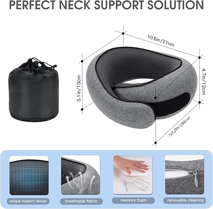 Neck Travel Pillows for Airplanes Memory Foam Neck Comfort Pillow Compact Ergonomic Design Sleeping Essentials for Long Flights Car Rides and Home Use (Grey)