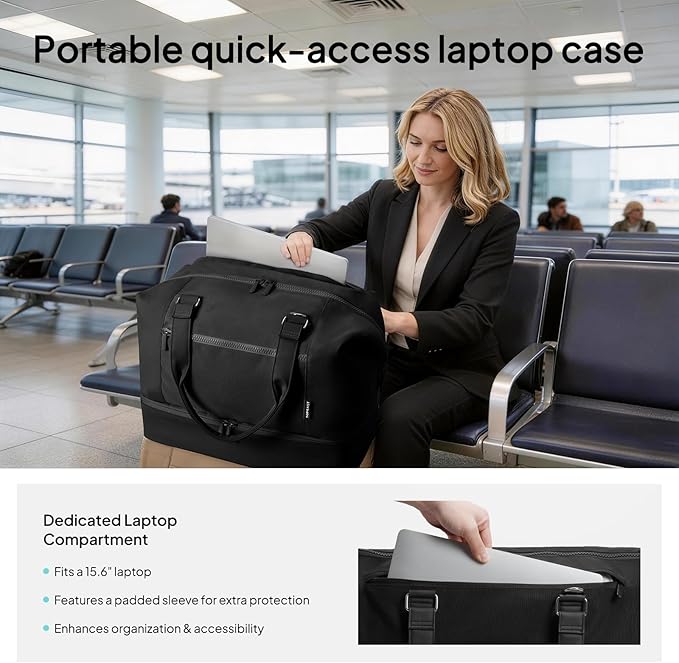 Travel Duffle Bag for Women,40L Weekender Bags Airline Approved Carry On with Shoe Compartment & Waterproof Wet Pocket, Durable Nylon Weekender Overnight Bag for Travel, Gym, Business Trip, Black