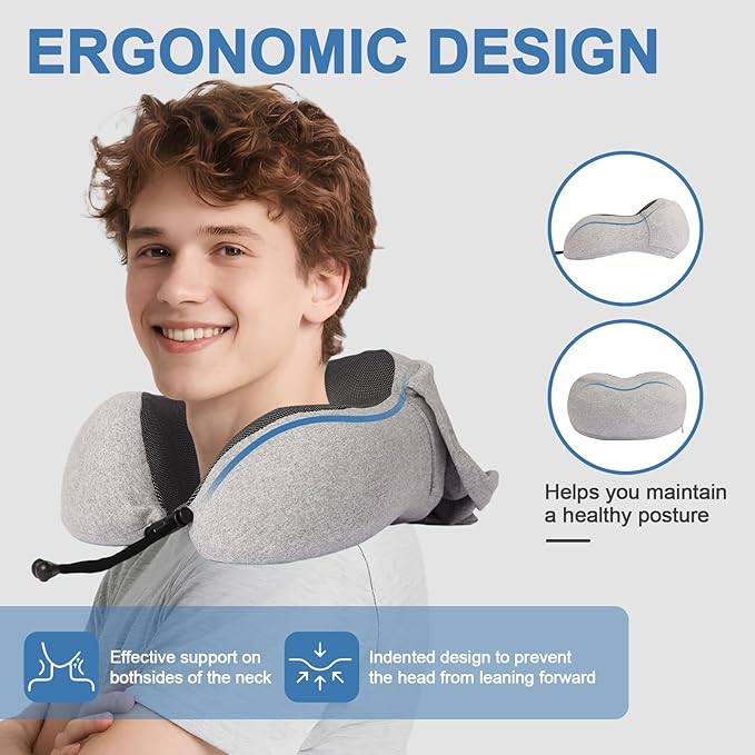 Travel Neck Pillow with 100% Light-Blocking Hood – Ergonomic Memory Foam Support Pillow for Airplane, Long Flights, Road Trips, Office and Car, Full Head and Neck Support with Skin-Friendly Cover