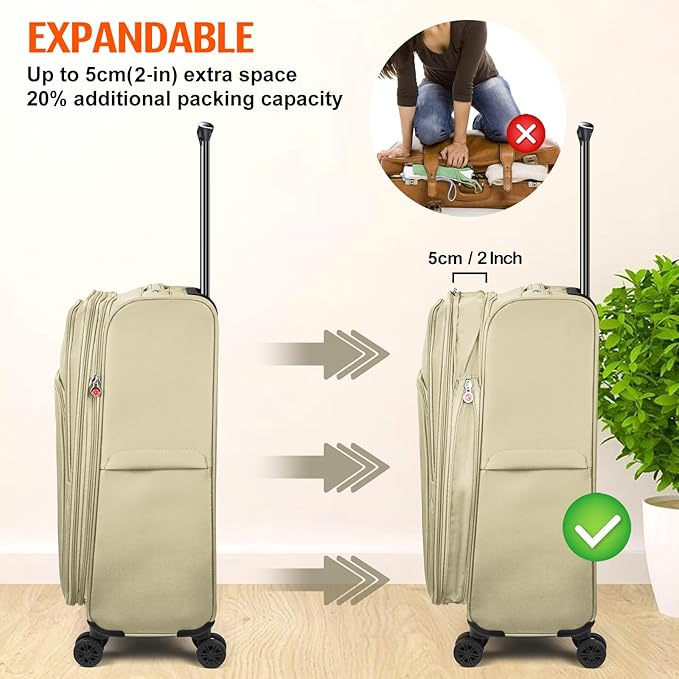 Verdi Luggage Sets of 2 Suitcase with Spinner Wheels Softside Expandable, Carry On Luggage with USB Port (Khaki, 2-Piece set(20/28))