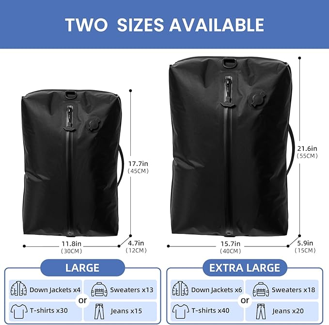 BAGAIL TPU Vacuum Bag for Travel, Reusable Compression Bag with IPX8 Waterproof Zipper, Save Space for Suitcase, Backpack and Carry on (Jet Black, Large, With Pump)