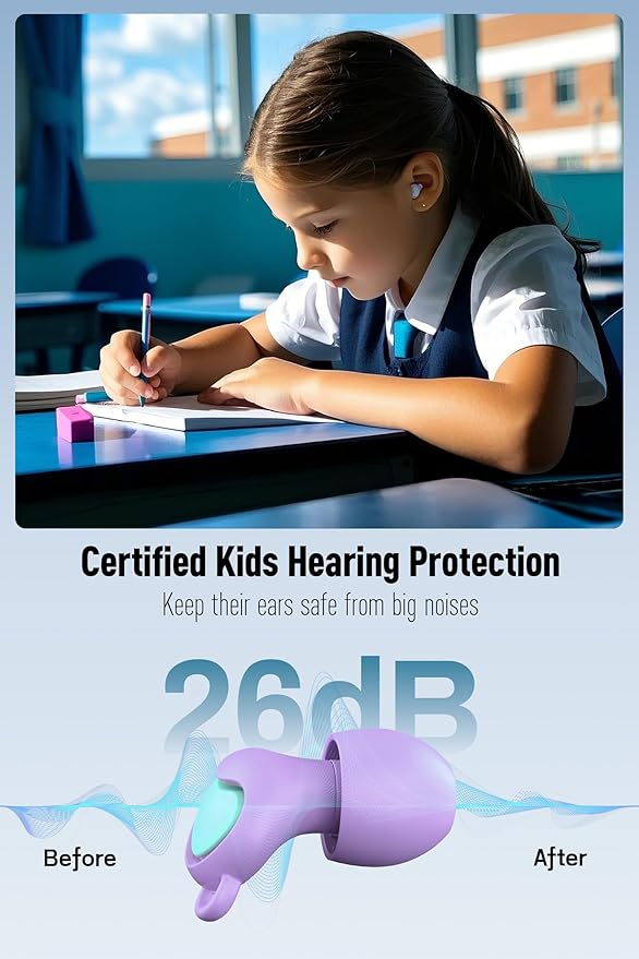 Kids Ear Plugs (6-12 Years) with Cord, Kids Ear Protection Reusable Noise Relief Earplugs for Focus, Travel, Concert, Socializing, Events, Sleep, Anxiety, Home, School, Playtime -26dB Noise Reduction