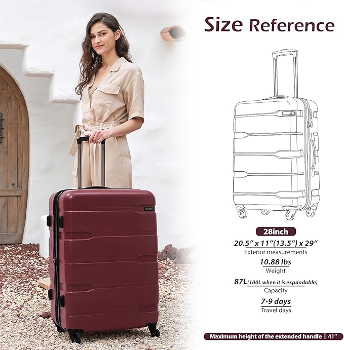 Coolife Expandable Large Checked Luggage Hardside PC+ABS Suitcase with TSA Lock, Lightweight Rolling Carry On with Spinner Wheels(Radiant Pink, 28in)