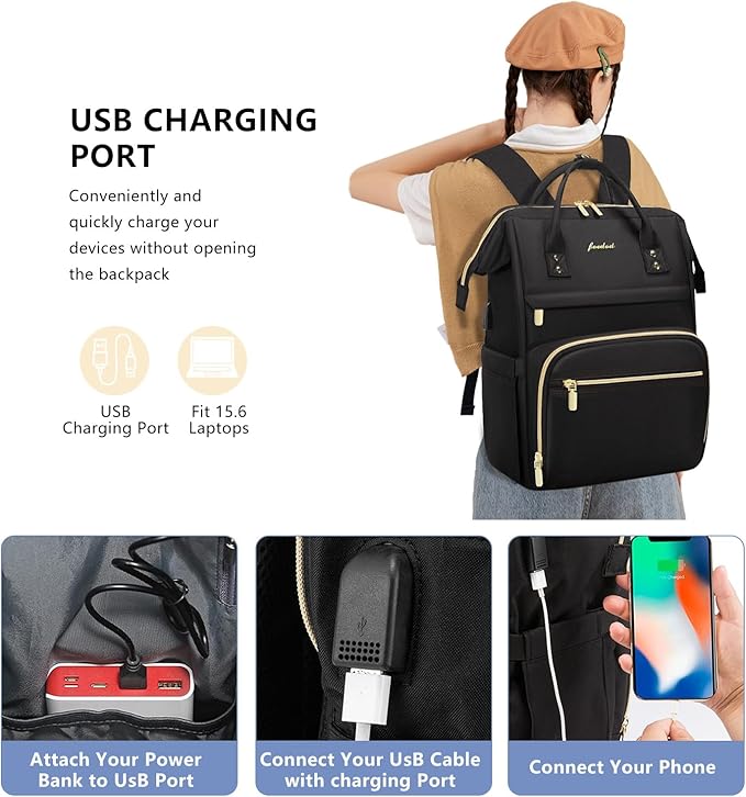 Focdod Backpack for Women 15.6 Inch Laptop Backpack Work Business Backpacks Purse Waterproof Computer College Backpacks Nurse Bag Backbag 2 Sets Casual Daypack for Travel Black