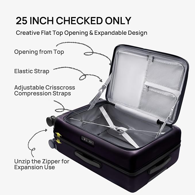 NINETYGO Medium Checked Luggage 25 Inch, Flat Top Opening Check In Luggage with Cup Holder, Expandable, Lightweight PC Hard Shell, TSA Lock, 360° Spinner Wheels (Blackcurrant Oolong)