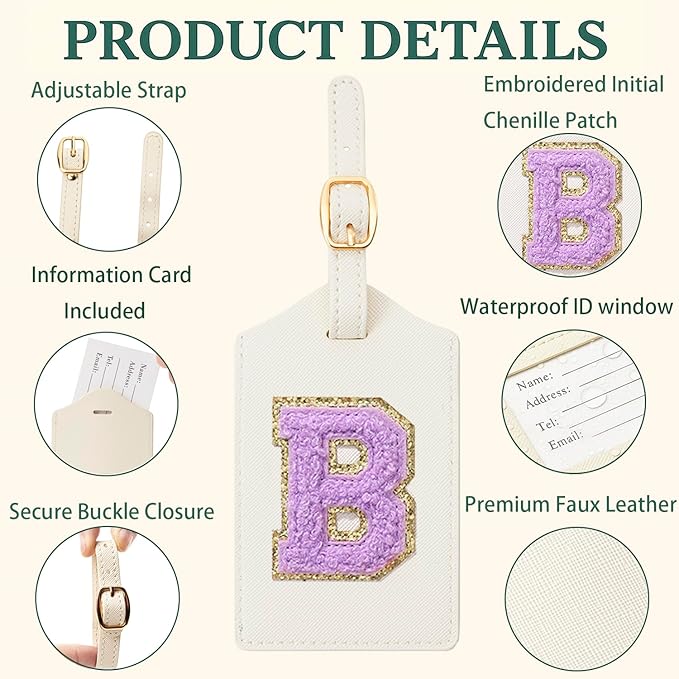 Embroidered Luggage Tag – Initial Bag Tag for Suitcase, Backpack, Carry-On, Duffel – Faux Leather Travel Accessory, Name Identifier, ID Label for Travel Bags (B, White Leather+Purple Letter)