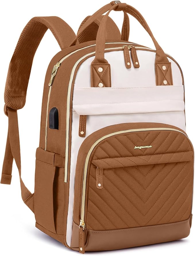 Laptop Backpack for Women Work Bookbag: 15.6 Inch College Backpacks with USB Charger School Book Bag Waterproof Travel Computer Back Pack Anti-Theft Casual Bookbags for Girls Teacher Nurse Beige Brown