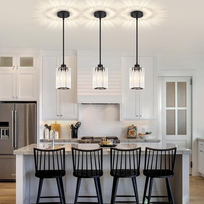 2 Pack Black Pendant Lights Kitchen Island Crystal Hanging Lighting Fixture | Adjustable Height Modern Pendant Light for Bathroom Dining Room Over Island Sink Entryway Hallway Ceiling Light