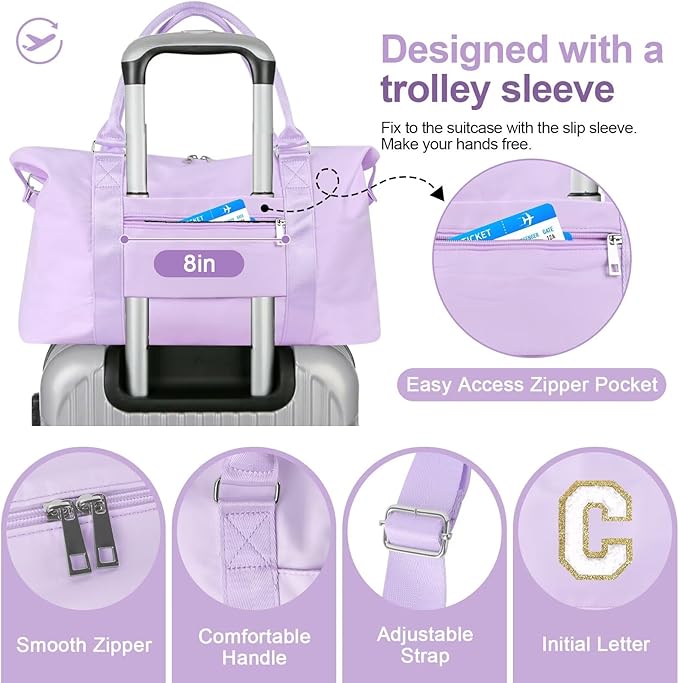Dance Gym Duffel Bag for Teen Girls, Personalized Initial Travel Weekender Bag,Cute Overnight Carry On Duffle for Women,Sports Travel Cheer Bag,Monogram Christmas Gifts for Tween Preppy(purple-C)