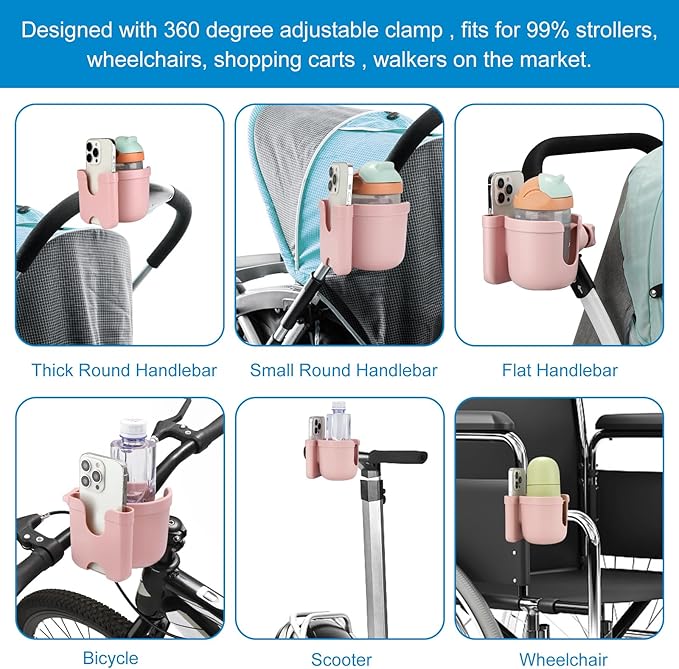 Accmor Stroller Cup Holder with Hook, Bike Cup Holder, Universal Cup Holder for Uppababy Nuna Doona Strollers, 2-in-1 Cup Phone Holder for Stroller Bike Wheelchair Walker Accessory