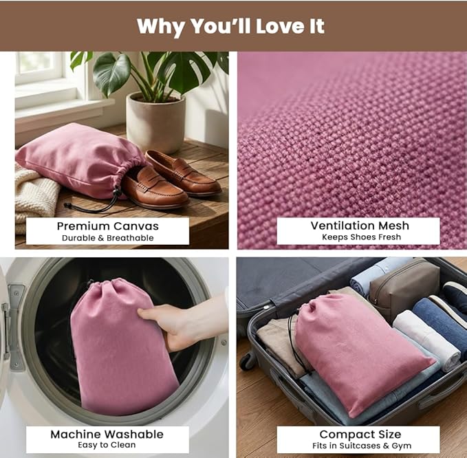 LFH Cotton Rich Shoe Storage Bags with Drawstring, Dustproof Breathable Reusable Organizer, Perfect For Travel, Dorm, Hotel, College, Gym, Easy to Carry, Machine Washable 8"x17" (Pack of 2) - Pink