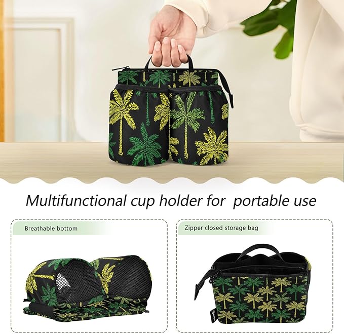 Luggage Cup Holder for Suitcases Free Hands Travel Cup Holder Portable Suitcase Cup Drink Holder Luggage Cup Caddy Bag Carrier Black Palms Green Yellow Tropical