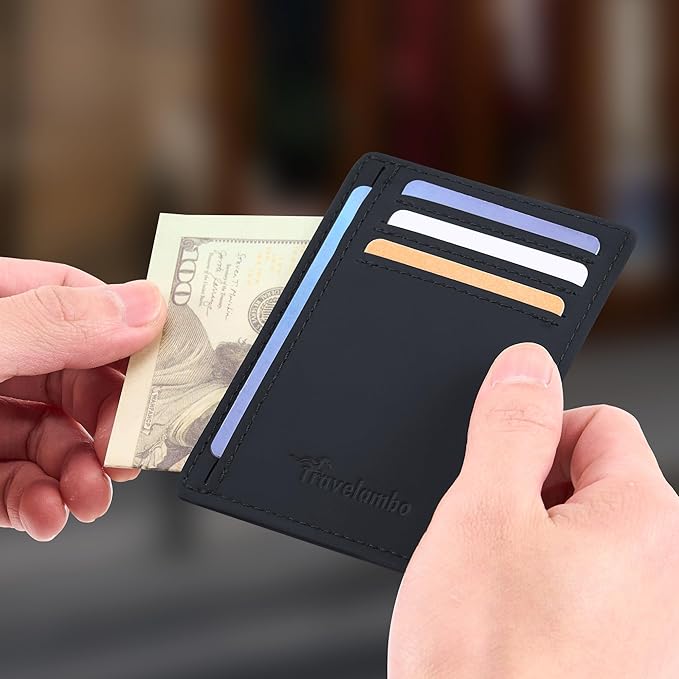 Travelambo Slim Wallet Front Pocket Minimalist Leather RFID Blocking Medium Size(Edge-Finished Black)