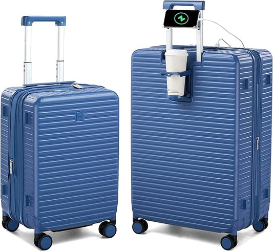 HanTrip Hard Shell Suitcases Expandable Travel Luggage Sets 2 Piece, Carry on and Check in Luggage Lightweight Suitcase Set 2 Piece with Wheels Cup Holder Charger Built in (Interstellar Blue, 20/28)