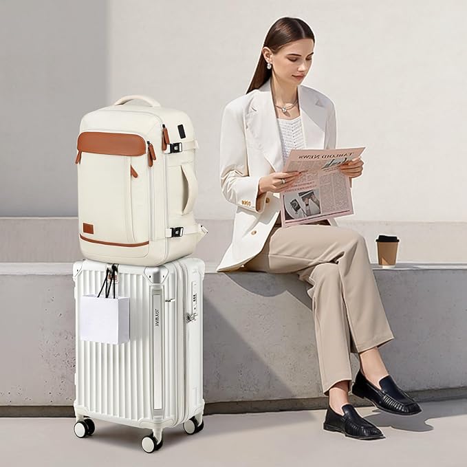 Joyway 20in Carry On Luggage with Cup Holder and USB Port, 25% Expandable Capacity, Smart Suitcase with Anti Slip Wheels and Backpack, Perfect for Men and Women 3 Piece Set White