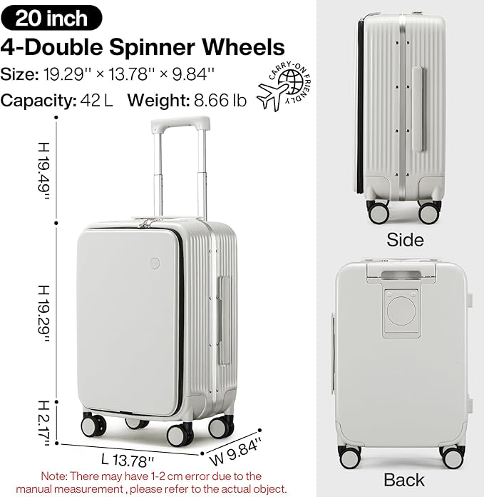mixi Carry On Luggage with Cup Phone Holder and Charger Hard Shell Suitcases with Spinner Wheels, 20 Inch Smoke White