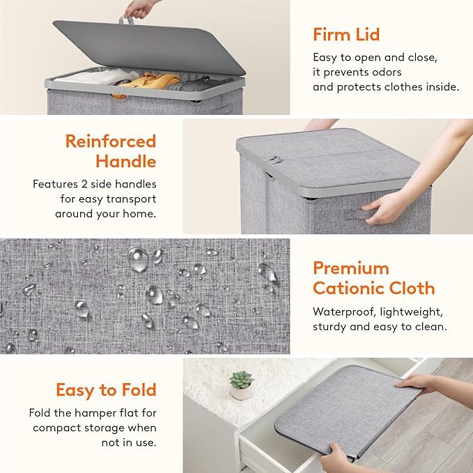 Lifewit 165L Large Laundry Basket with Lid, Laundry Hamper with Plastic Handles and Removable Bag, Foldable Tall Dirty Clothes Hampers for Laundry for Laundry Room, Bedroom, Bathroom, Dorm, Light Gray