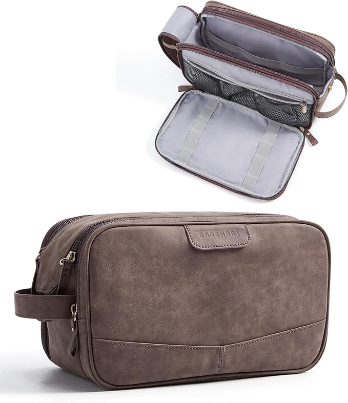 BAGSMART Large Toiletry Bag for Men, Soft Matte PU Leather Travel Bag for Toiletries, Dopp Kit Water Resistant Shaving Bag for Bathroom Shower-Dark Brown
