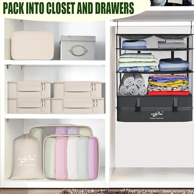 Compressible Packing Cubes Portable Hanging Closet Shelves 17"x12"x24" Extendable Travel Organizer Nylon Packing Bags for Suitcase
