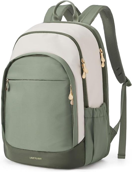 LIGHT FLIGHT Travel Backpack for Women, 15.6 Inch Laptop Backpack with USB Charging Hole, Water Resistant College Bookbag, Large Capacity Black Computer Backpacks for Work, Beige+Green