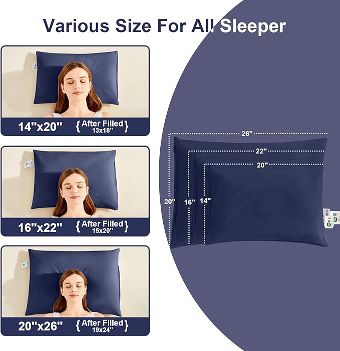 Organic Buckwheat Pillow for Sleeping with Dual-Layer Pillowcase and Extra Tartary Buckwheat Hulls, Adjust Height and Firmness, Neck Support Pillow for Back and Side Sleepers 14"x20", Navy Blue