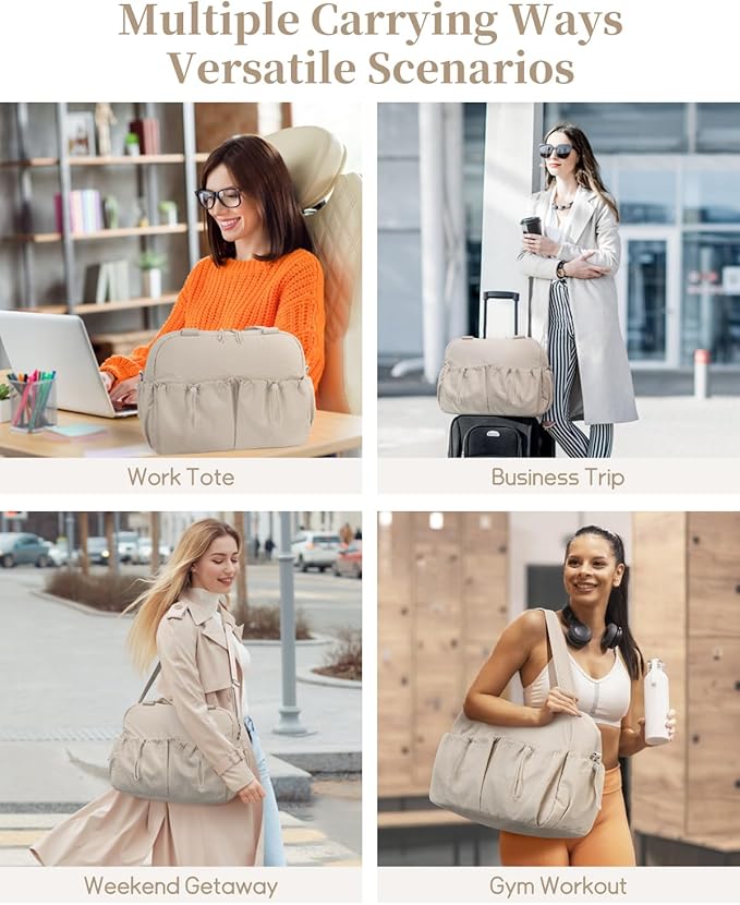Carry On Duffle Bag with 15.6 Inch Laptop Compartment, Gym Bag for Women with Wet Pocket, Shoe Bag and Toiletry Pouch, Personal Item Travel Duffel Weekender Overnight Bags, Khaki