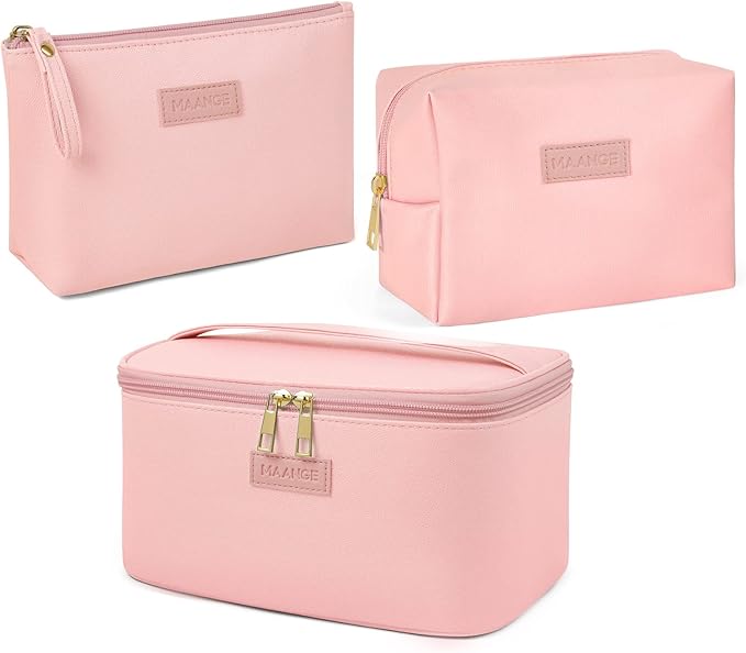 MAANGE Travel Makeup Bag - Large Makeup Bag with 2pcs Small Makeup Bag Portable Leather Cosmetic Bag Toiletry Bag Make Up Bags for Women and Girls (Pink)