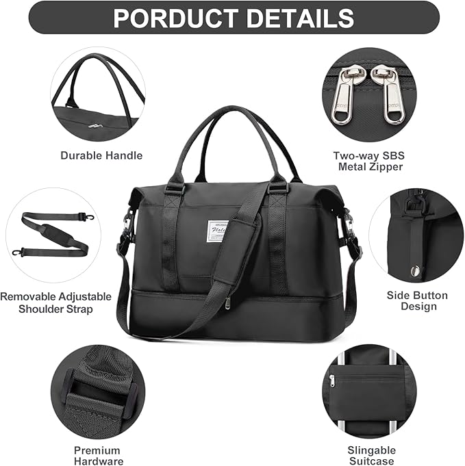 Weekender Bags for Women,Travel Duffle Overnight Bag with Shoe Compartment,Personal Item Carry On Bag,3 Pcs Set,Medium(Black)
