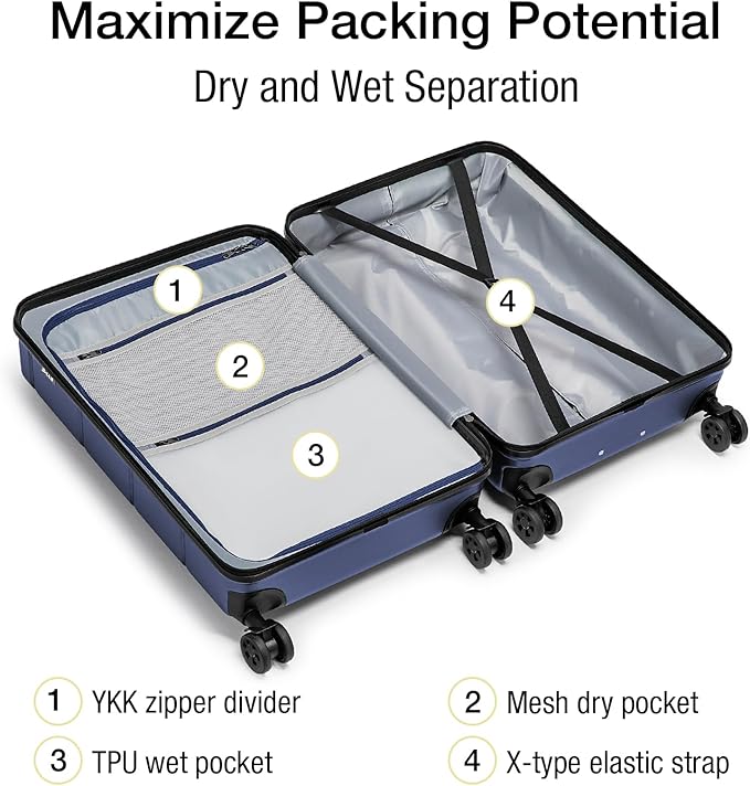 KYME 24 Inch Luggage TSA Approved Hardshell Suitcases with Spinner Wheels Durable PC+ABS Medium Checked Travel Luggage for Women Men Navy