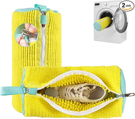 Shoe Washing Machine Bag Reusable Sneaker Washing Bag with Built-in Fluffy Brushes for 360° All-Around Cleaning, Laundry Shoe Bag is Designed for Washer and Dryer （Yellow 2pcs）
