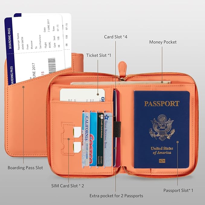 CoBak Passport Holder Cover with Safe Zipper Closure, Premium Passport Wallet for Travel, RFID Blocking Card Case, Waterproof Travel Accessories for Women, Grain Rose Gold