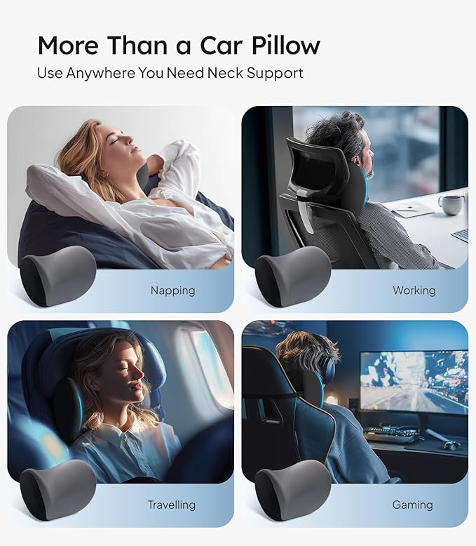 Wigoo 2026 Car Neck Pillow [No More Pressure, Odorless] Soft Car Headrest Pillow with Adjustable Strap Removable Cover 100% Memory Foam, Fits All Vehicles (Gray 2-Pack)