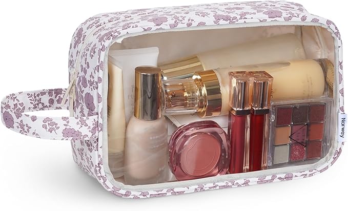 Narwey Clear Toiletry Bags for Traveling Women Men, Clear Travel Bags for Toiletries Makeup Bag Cosmetic Bag with Zipper, Make Up Organizer, Skincare Bag (Dusty Pink Flower)