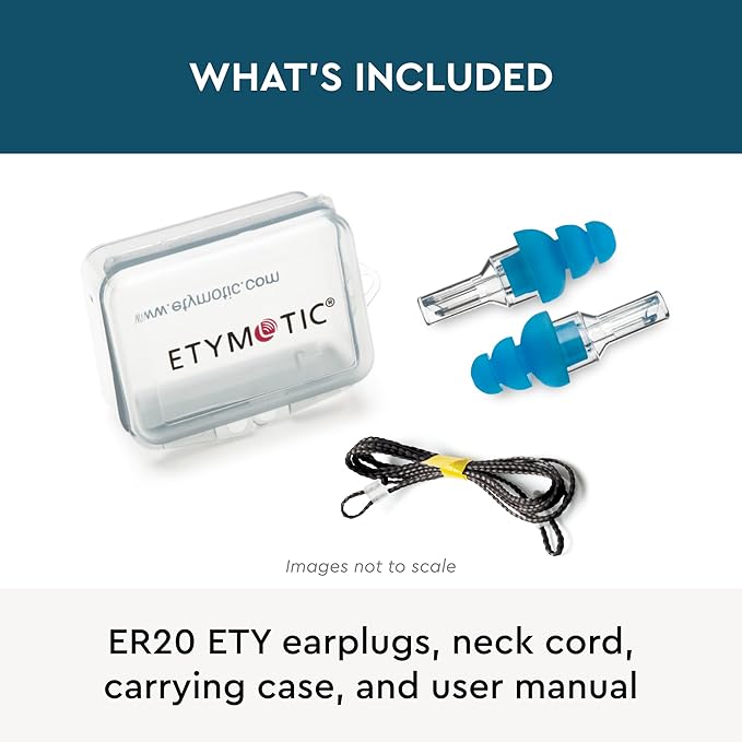 Etymotic ER20 ETY Earplugs - Standard Size, Blue - High-Fidelity Hearing Protection - Up to 20 dB Sound Reduction - Reusable - Includes Neck Cord & Carrying Case
