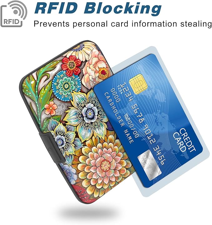 Credit Card Holder, Mini Aluminum Card Wallet RFID Blocking Slim Metal Hard Card Case for Women Men, Mandala Flower