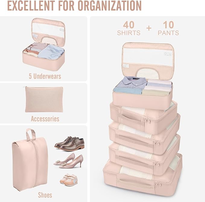 Veken 10 Set Packing Cubes for Travel, Beach Vacation Essentials Accessories for Cruise Ship, Suitcase Organizer Bags for Luggage with Hanging Toiletry & Shoe Bag, Birthday Gifts for Women Mom Her
