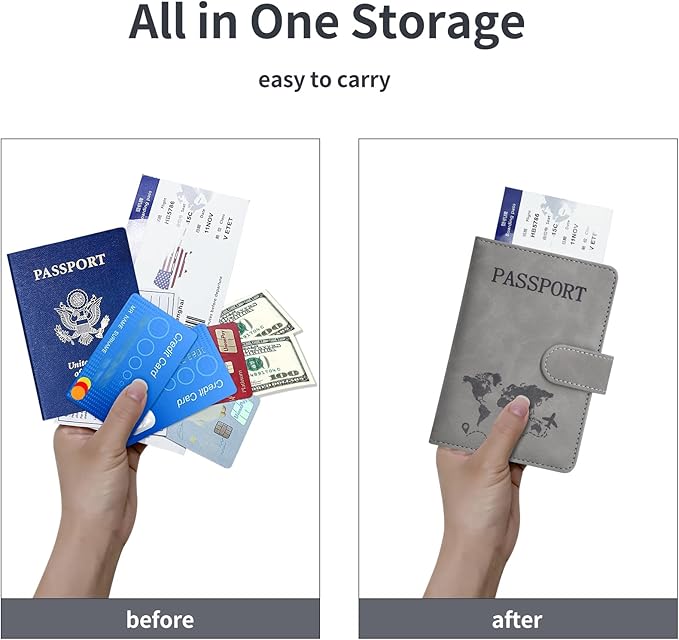 Passport Holder, Passport Cover with Credit Card Slot and Boarding Pass Slot Combo, Passport Wallet Case Book Travel Must Have, RFID Blocking Leather Travel Accessories, Grey