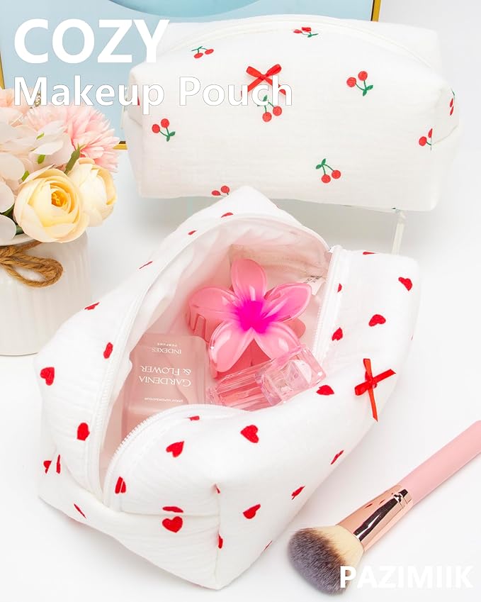 PAZIMIIK Cozy Makeup Bag Small Aesthetic Travel Zipper Cosmetic Pouch for Women Make Up Beauty Accessories Brushes,Heart Red