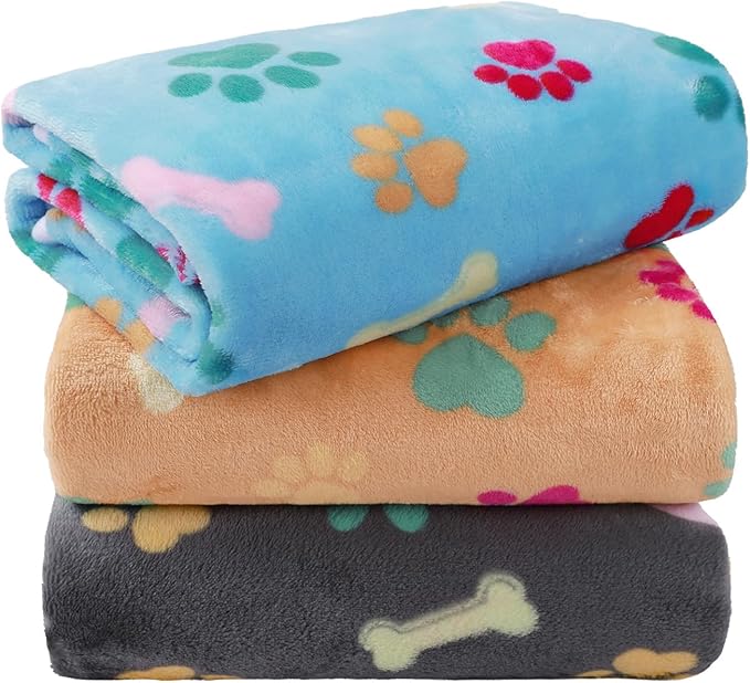 LINENLUX 1 Pack 3 Blankets Super Soft Fluffy Premium Fleece Dog Blankets for Puppy Cat Pet Blanket Flannel Throw Warm Sleep Bones and Claws 31x20 inches
