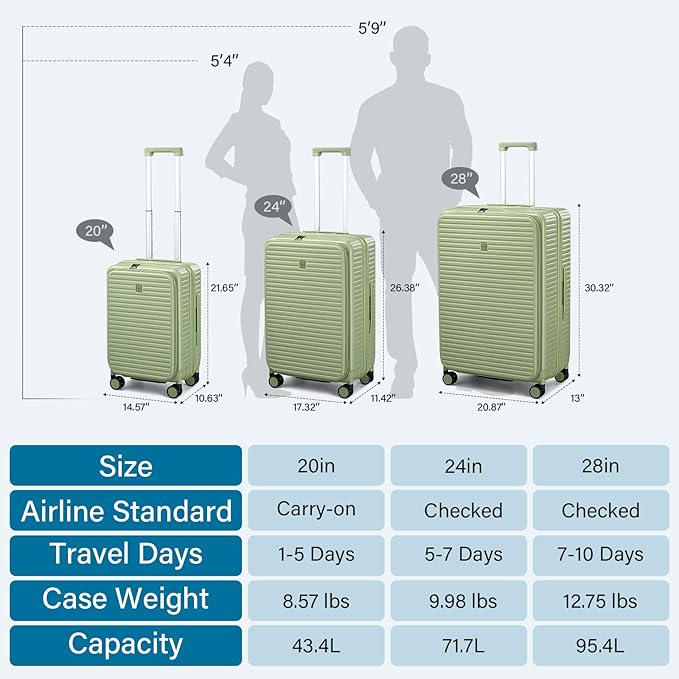 20 Inch Carry on Luggage 22x14x9 Airline Approved Hard Shell Suitcases with Wheels, Top Opening Expandable Carry on Luggage with Cup Holder Small Rolling Suitcase with Lock, Bamboo Green