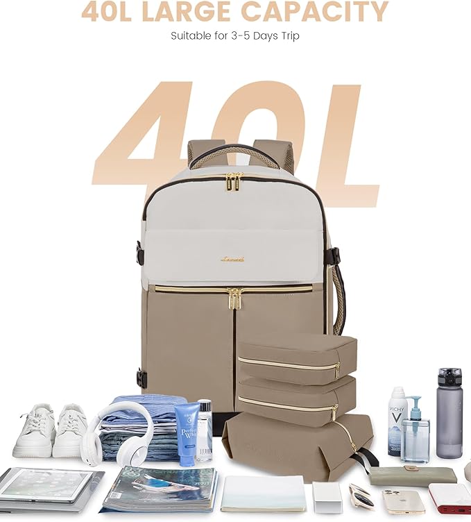 LOVEVOOK Travel Backpack for Women, TSA Carry On Backpack Flight Approved Luggage, 40L Water Resistant Personal Item Daypack Large Weekender Bag fit 17 inch Laptop with 3 Cubes, Beige-khaki-black