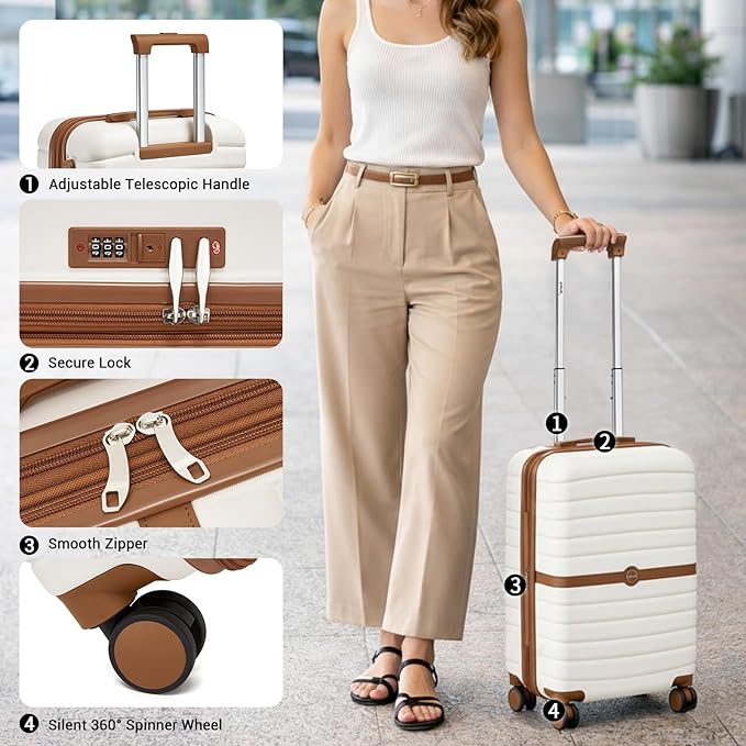 Kono Expandable Carry On Luggage 22x14x9 Airline Approved with Spinner Wheels, 20 Inch Impact-Resistant PC+ABS Hardshell Rolling Suitcase Travel Luggage with Lock, White/Brown