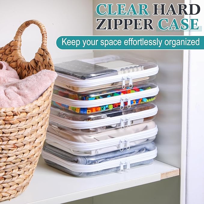 Sanwuta 6 Pcs Clear Hard Zipper Case Plastic Zipper Pouches Transparent Makeup Bag Pencil Case Pouches Toiletry Diaper Bag for Travel Toy Storage Organizer Bins(White,9.84 x 7.87 x 2 Inch)