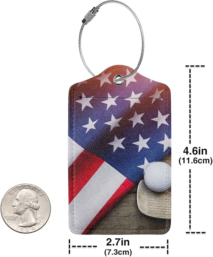 American Flag Golf 2 Pcs Luggage Tags, Privacy Cover ID Label with Stainless Steel Loop and Address Card for Suitcases & Travel Bags