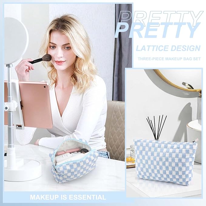 EIMMBD Makeup Bag 3 Pieces Large Capacity Checkered Cosmetic Bags Travel Toiletry Bag Organizer Cute Makeup Pouch Storage for Women(Blue)