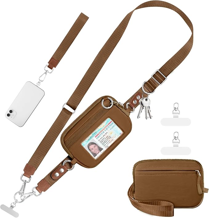 Tiostep Clip and Go Strap for Phone with Wallet Crossbody Phone Lanyard Adjustable and Detachable RFID Wristlet Wallet with ID Window and Zipper, Brown