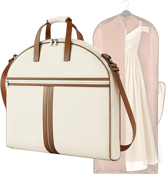 MISSLO Carry on Garment Bags for Travel for Women 56" Foldable Dress Bag with Large Pockets Bag Suit Luggage Garment Bag with Shoulder Strap for Business, Wedding, Hanging Clothes, Beige