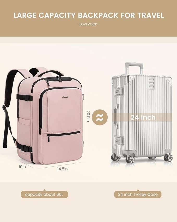 LOVEVOOK Travel Backpack for Women & Men, 60L Large Carry On Backpack Airline Approved, TSA Personal Item Weekender Bag, Laptop Backpacks with 3 Packing Cubes for Travel Essentials, Waist Belt