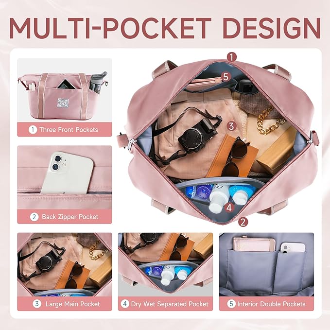 WALNEW Travel Duffel Bag, Weekender Overnight Carry On Bag for Women Men, Foldable Waterproof Gym Luggage Duffle Bag with Metal Buckle Detachable Shoulder Strap and Wet Compartment (Pink)